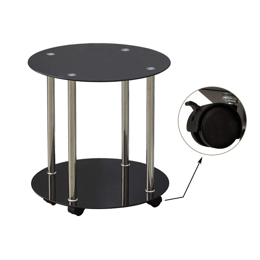 OFCASA 2-Tier Black Glass Coffee Table on Wheels Modern Round side Table with 6mm Tempered Glass Top Sofa End Table Nightstand Home Furniture