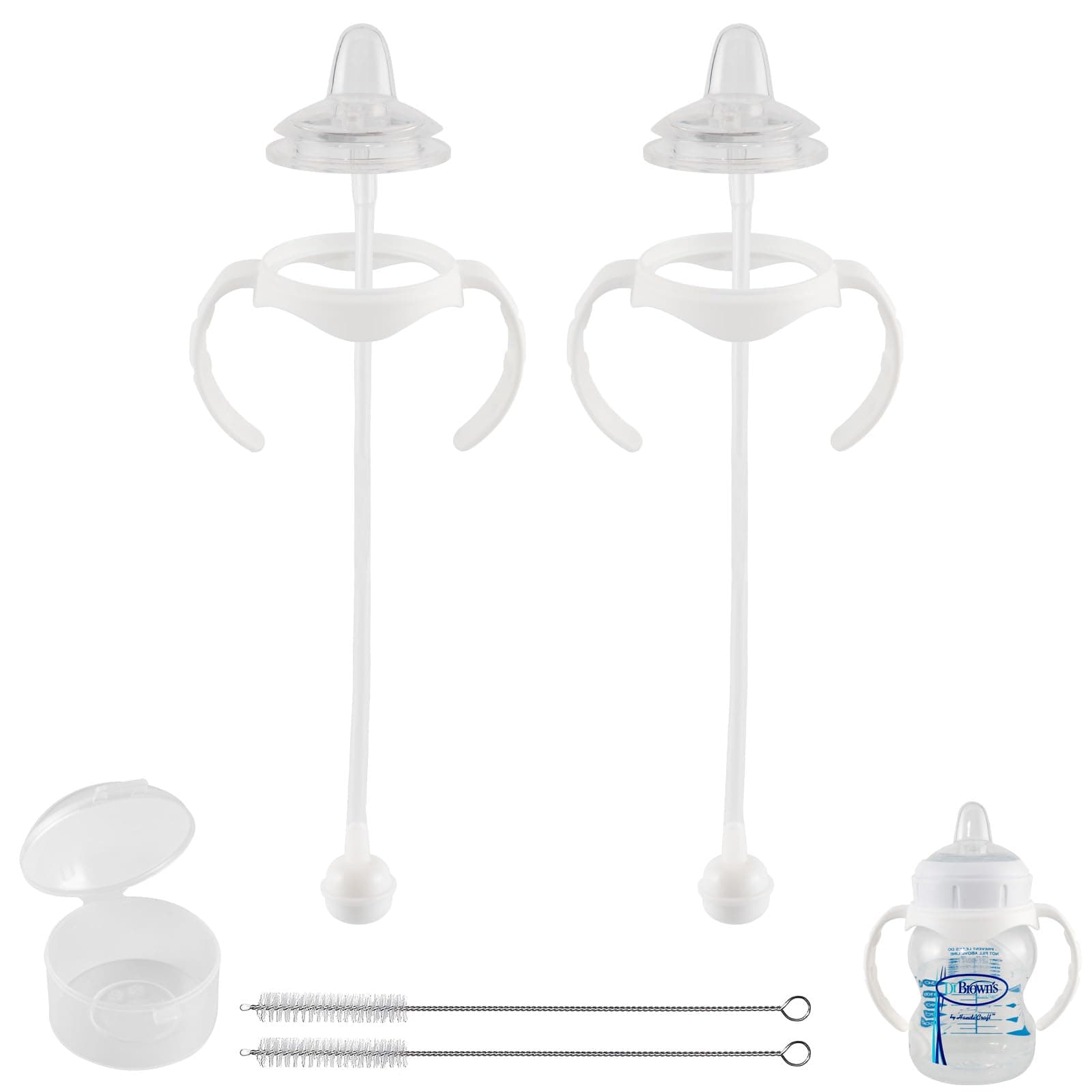 Sippy Cup Conversion Kit for Dr Browns Wide-Neck Baby Bottles, Spill-Proof Transition Kit with Silicone Sippy Nipple, Weighted Straw, Handle, 2 Pack, 6m+