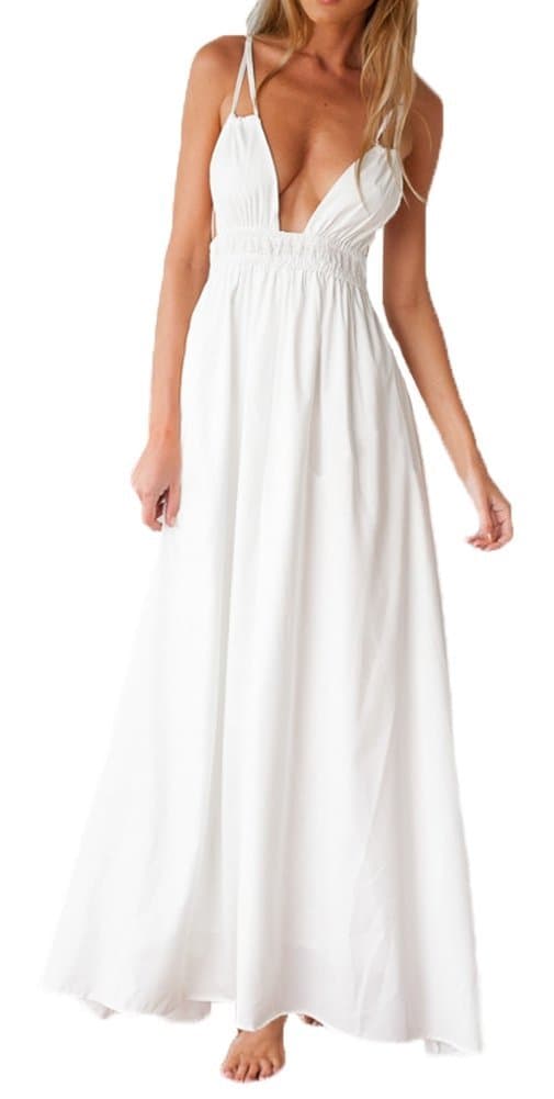 Deep V Neck Plunge Spaghetti Strap Summer Beach Maxi Long Sundress Sun Dress White L
