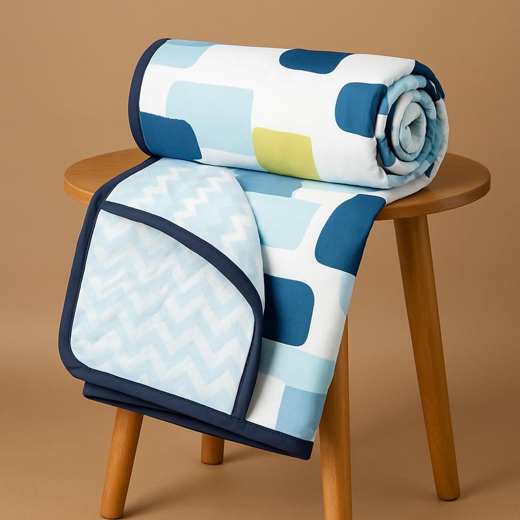 Pure Cotton 120 GSM Soft Lightweight Printed Reversible Blanket for Single Bed, Dohar AC, Skin Friendly, 60 x 88 Inches, Blue, Green, Yellow