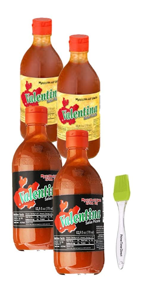 ValentinA(2) Hot Yellow Label & (2) Extra Hot Black Label Hot Sauce 12.5 oz (4 Pack, 2 Each) Bundled with Prime Time Direct Silicone Basting Brush in a PTD Sealed Box