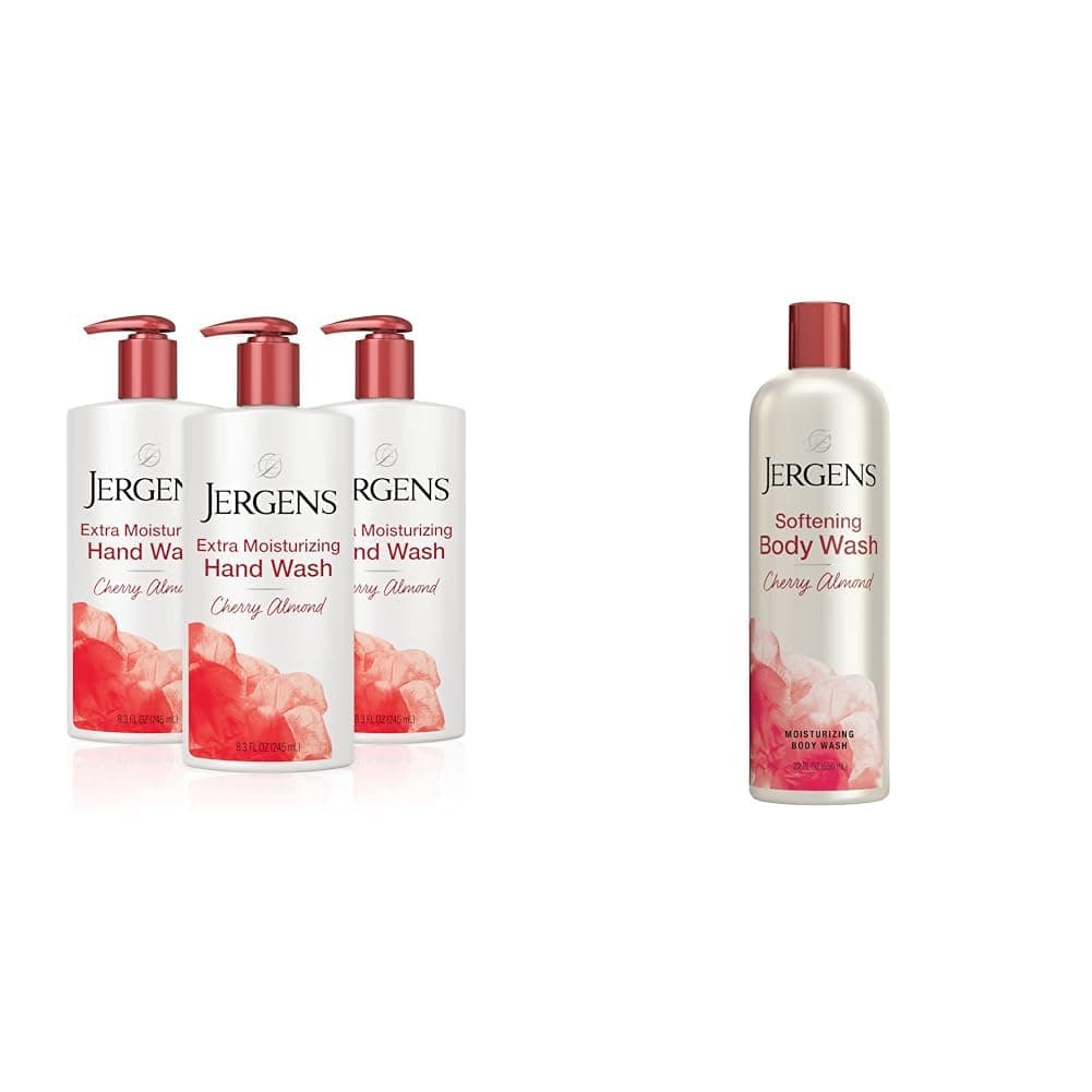 Jergens Extra Moisturizing Hand Soap, Liquid Hand Soap Dispenser Cherry Almond Scent & Softening Body Wash, Daily Moisturizing Skin Cleanser, Paraben Free, 22 Ounces