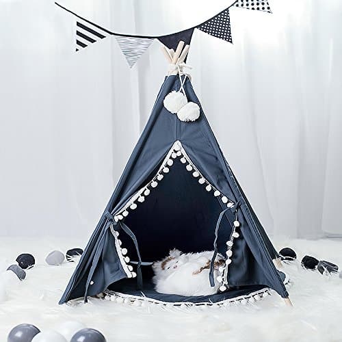 Wonder Space Pet Teepee House - 28 Inch 5-Pole Grey Canvas Tent with Pom Pom Opening, Comes with Cushion &Free Hangings & Name Blackboard, Elegant Cat Dog Puppy Snuggle Bed Furniture (White Poms Edge)