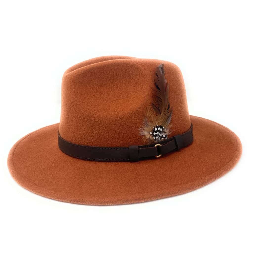 Womens Fedora Hat. Showerproof - Teflon Coated. Wool. Leather Belt Trim. Removable Feather