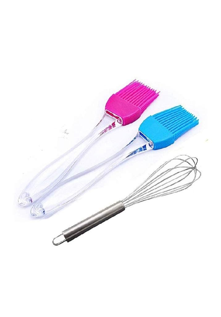 Kitchen King Oil Brush & Egg Beater Combo Set Oil Brush 【Set of 2】& 【1】Egg Beater for Kitchen Accessories Items Multi-Purpose Durable Easy to Use for Kitchen Cooking, Grilling, Baking (Multi Colour)