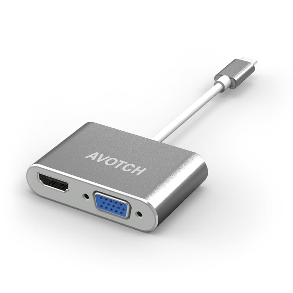 USB Type C to HDMI VGA Adapter,AVOTCH 2 in 1 USB3.1 Type-C Converter Dual Screen Display with Aluminium Case,l - Grey