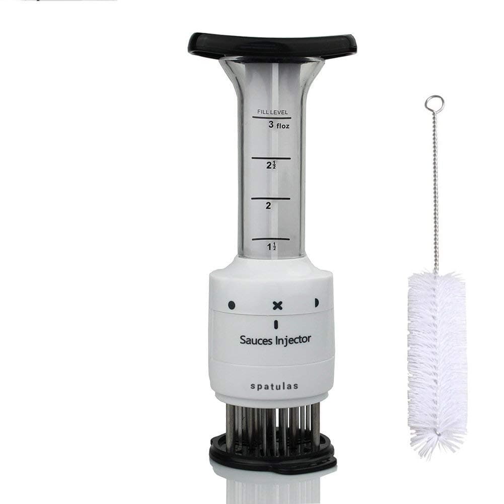 Meat Injector and Meat Tenderizer Tool 30 Stainless Steel Needles for Softening Meat with 3 oz Sauce Syringe | Bonus Cleaning Brush