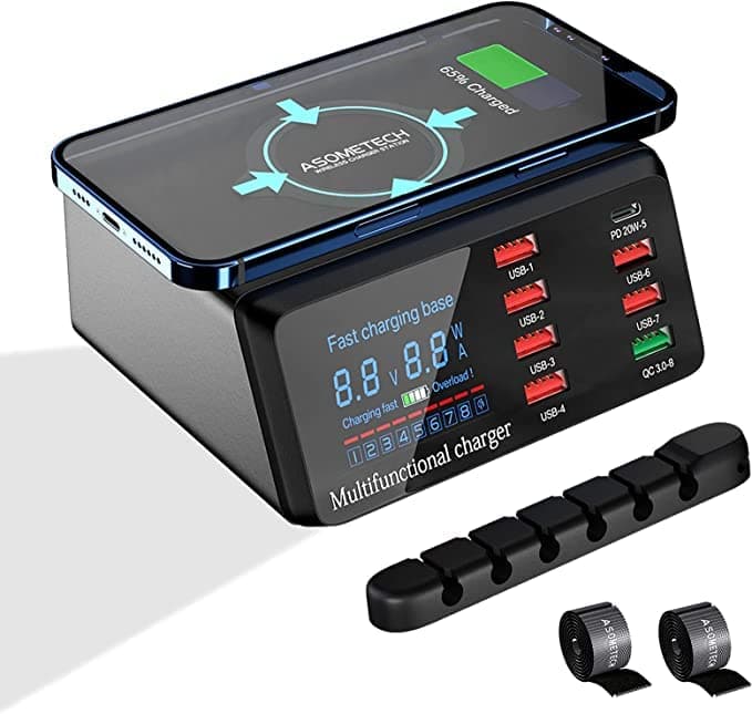 USB Charger Hub ASOMETECH 100W 8-Port Desktop Multiple USB Charging Station with PD Port, Quick Charge 3.0 Port, Wireless Charger, LCD Display Fast USB C Charger for iPhone 12, Tablet and More