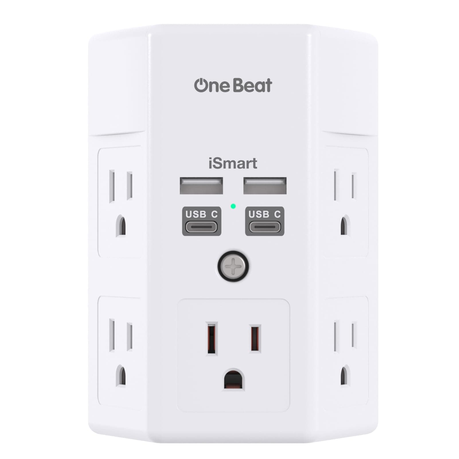 One Beat 1680J 3 Side Power Strip Multi Plug Expander, Surge Protector, 5 Outlets Extender, 4 USB Ports (USB C), Wall Mount Charger, Outlet Splitter Adapter for Home, Travel, Office, ETL Listed, White