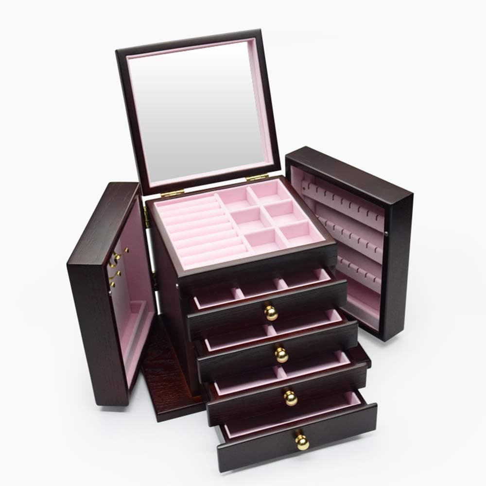 Jewelry Box Chunlan Retro Solid Wood Jewelry Boxes Storage Box High Capacity Durable (Color : Wine red)