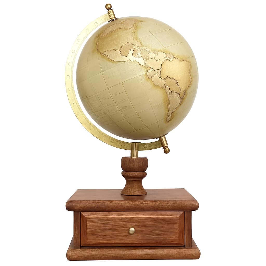 8 Inch Decorative Spinning World Globe with Seasoned Wood Drawer - Gold Foil Stamp Map, Cream Texture - Elegant Home & Office Decor, Educational Showpiece,Perfect Gift