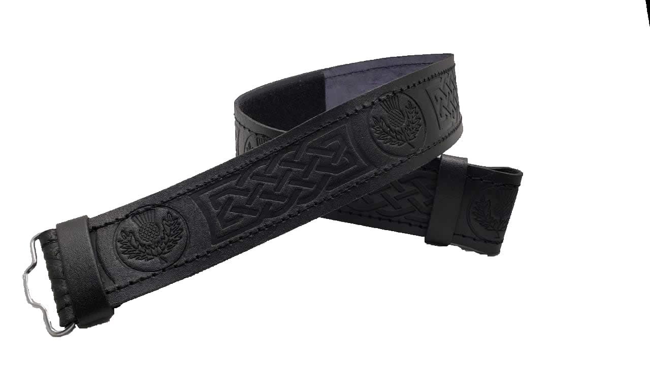 Kilt Belt for Men Leather Black Thistle Embossed Design Scottish Highland S-2XL