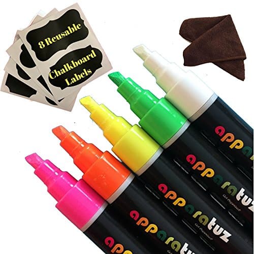 Liquid Chalk Markers Neon Color Bistro Set Includes 5 Reversible Tip Erasable Pens, 8 Chalkboard Labels and 1 Eraser Cloth. Dry Erase Markers for Glass, Blackboard, Kids Art & Car