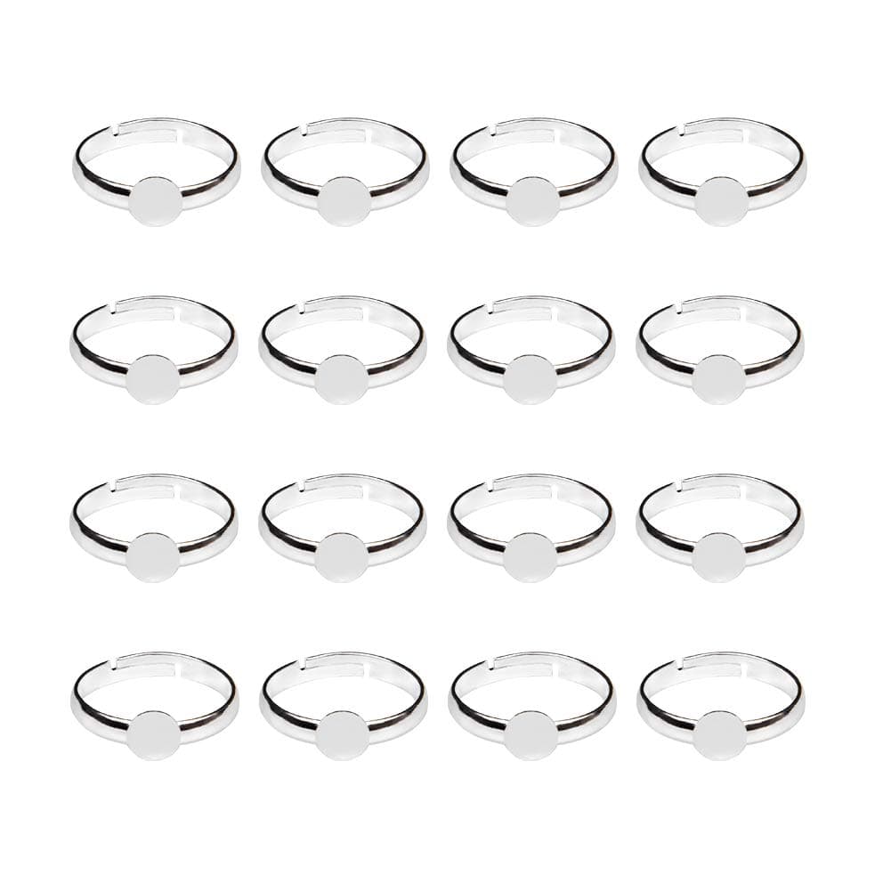 NBEADSNBEADS 100 Pcs Silver Tone Brass Adjustable Flat Ring Findings Pad 6mm Bezel Cabochon Bases