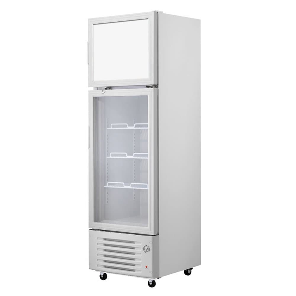 318 Liter Double-Temperature 2 Doors Commercial Refrigerator Merchandise Top Freezer & Milk Beer Soda Beverages Glass Pull Door Display Showcase Upright Cooler 11.2 cf. White