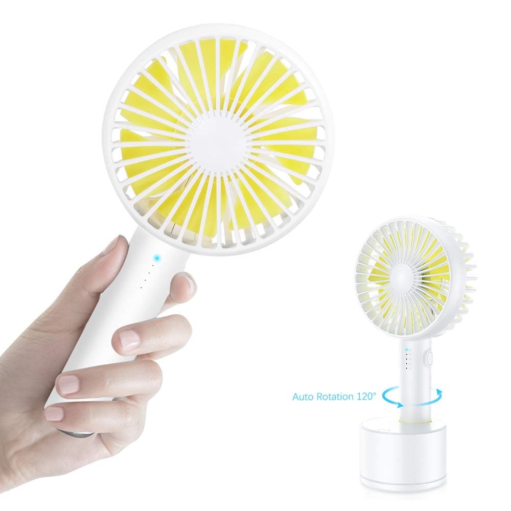 Mini Handheld Fan, Automatic Rotation 120°Personal Portable Desk Fan Battery Operated, 5 Speeds USB Rechargeable Cooling Fan with Strong Airflow for Office Room Outdoor Travel (White)