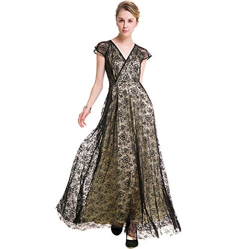 BKMGC Women's Cape Sleeve Long Black Lace Split Side Evening Formal Dress