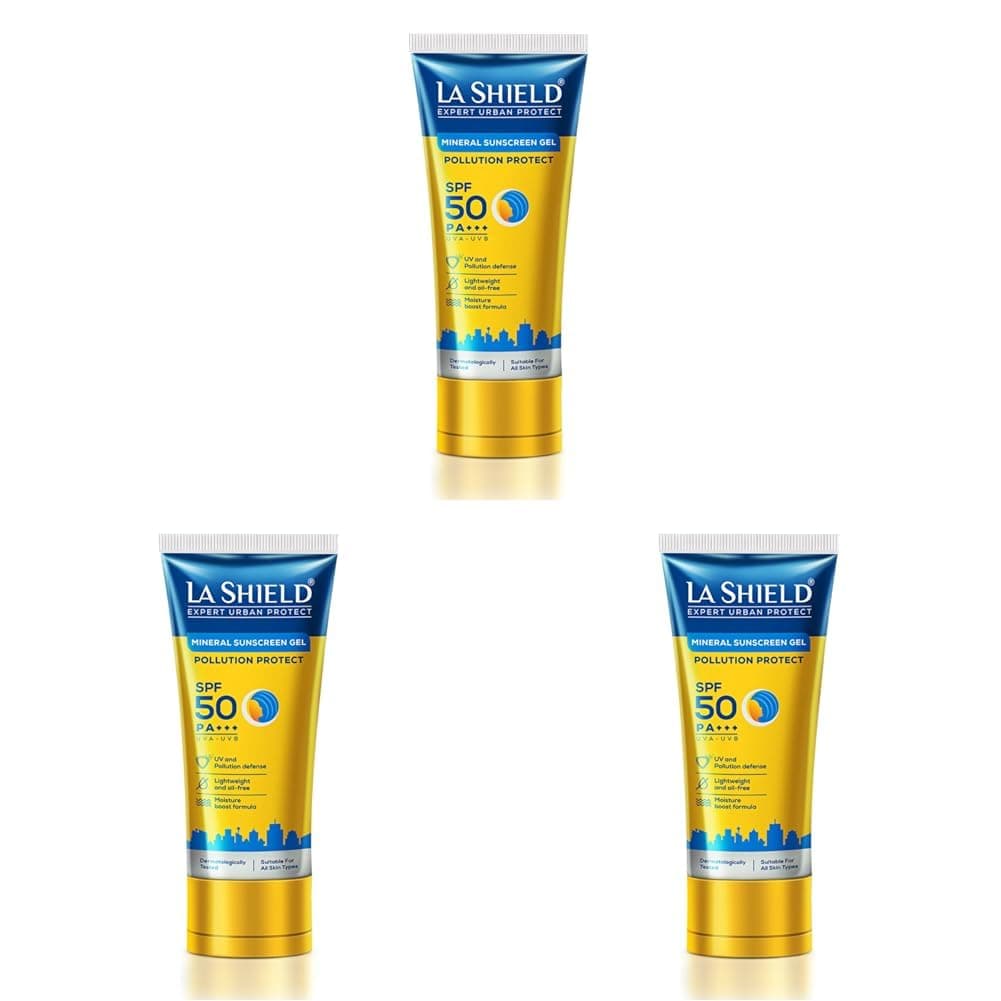 La Shield Pollution Protect SPF 50 Mineral Sunscreen Gel | PA+++ | Lightweight & Oil free | Moisture boost formula | Water resistant| All Skin types |Dermatologist Tested | 50g (Pack of 3)