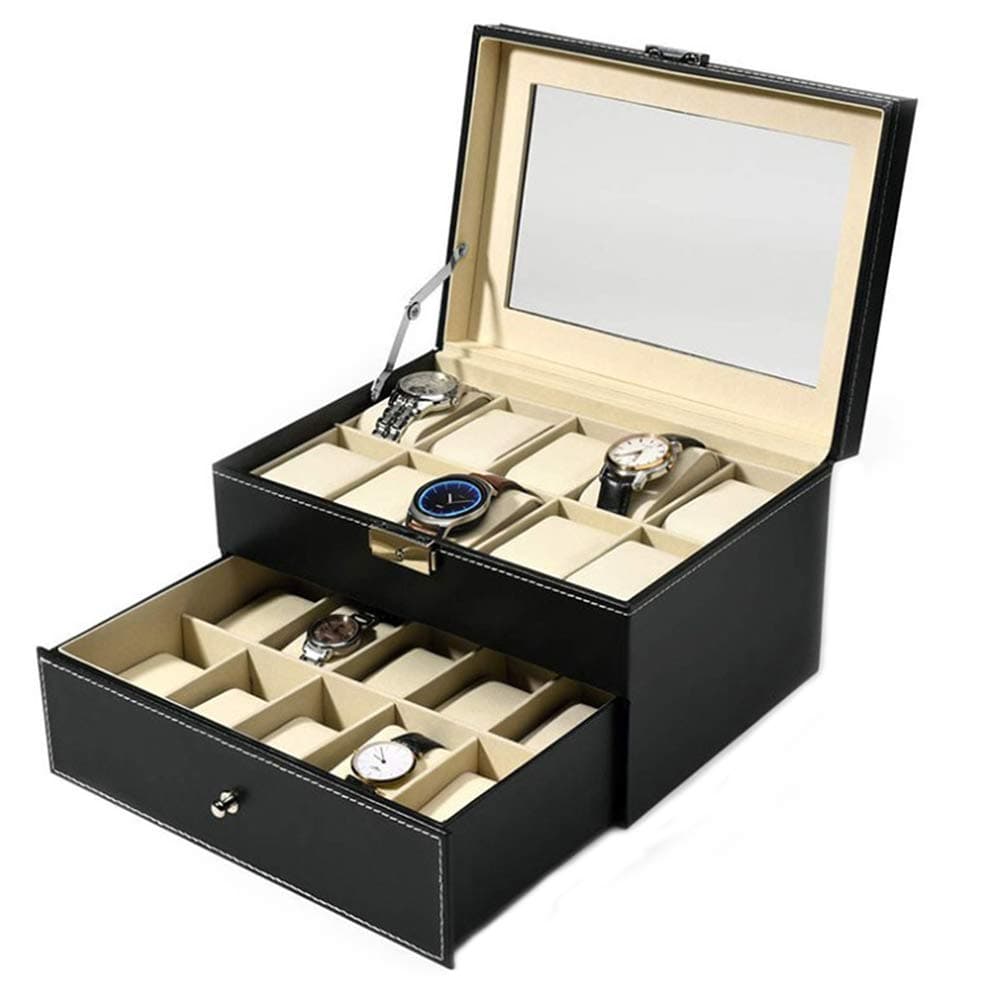Yolu20 Slot Watch Box with Secure Lock, 2 Tier PU Leather Watch Organizer Box with Glass Lid