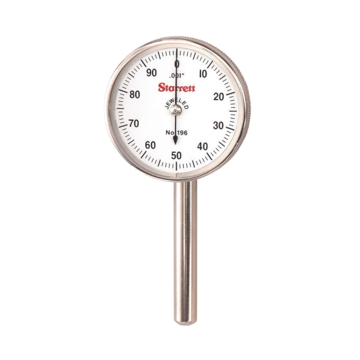 Starrett Universal Dial Test Indicator Set with Back Plunger - White Face, 0-100 Reading, 200" Range, .001" Graduation, 1/4" Shank Diameter for Mounting - 196B1