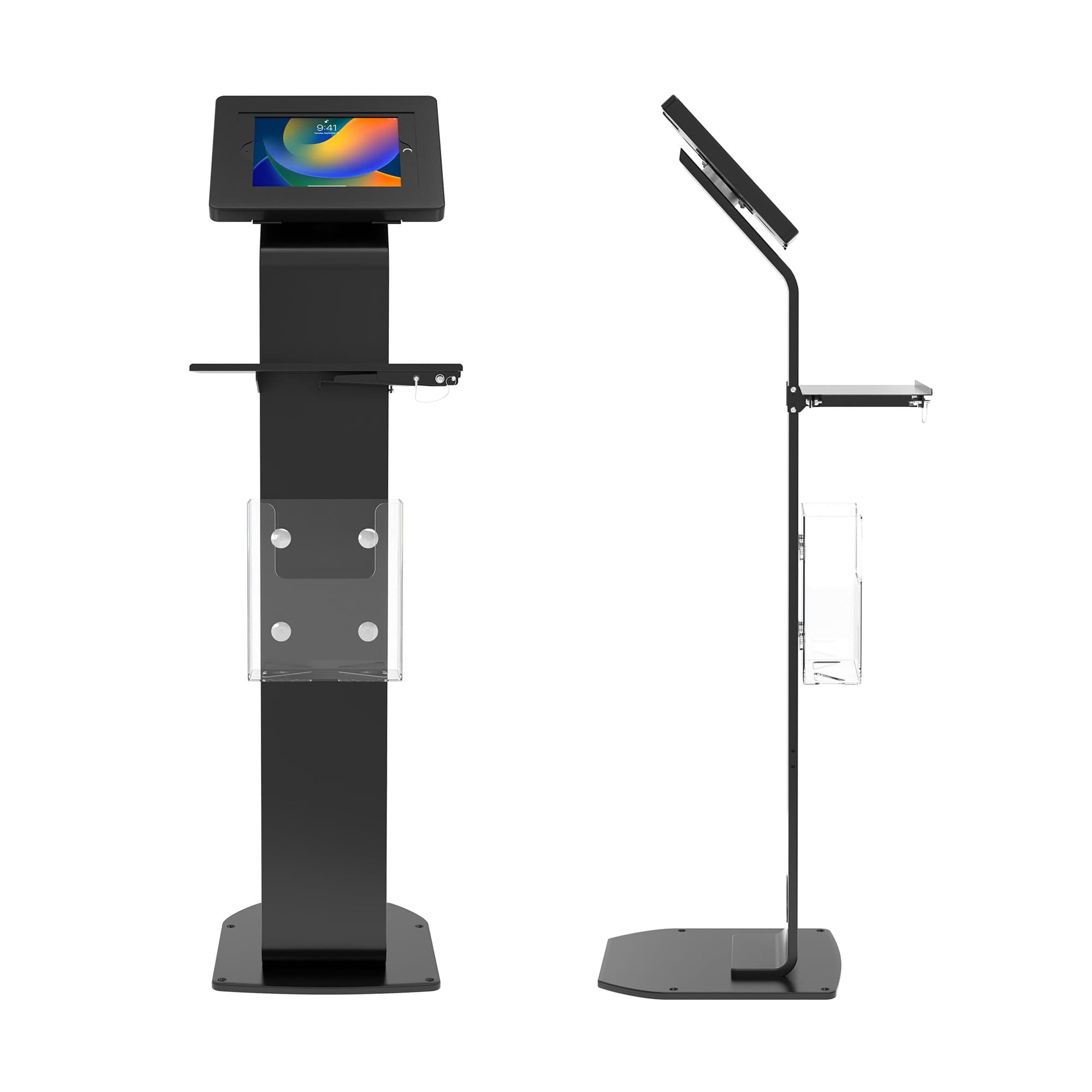 Anti-Theft Mobile Workstation Stand - CTA Locking Floor Stand Kiosk w/Secure Enclosure, Keyboard Tray & Storage for iPad A16, iPad Air 11" M3 & M2, Pro 11" Galaxy Tab A & More - Black (PAD-PARAFK)