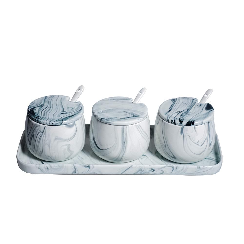 Sugar Bowl, Ceramic Black White Marble Sugar Bowl with Lid and Spoon for Home and Kitchen-Sets of 3
