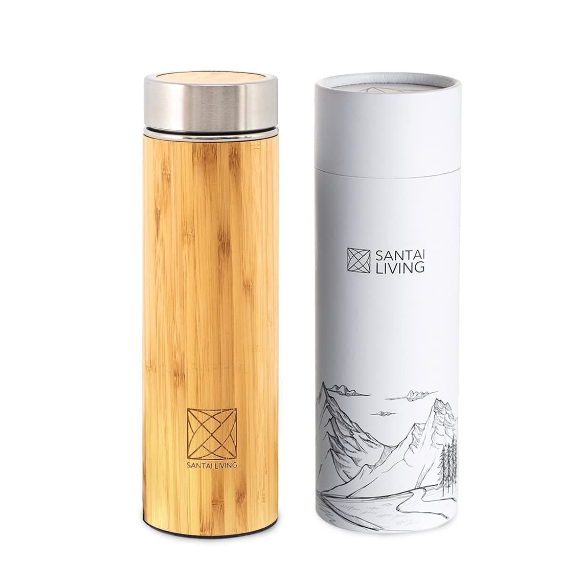 Santai Living Premium Bamboo Tea Flask with Infuser & Strainer and Stainless Steel Vacuum Insulated Thermo Bottle 500ML Double Walled Coffee, Tea & Fruit Infuser Travel Mug