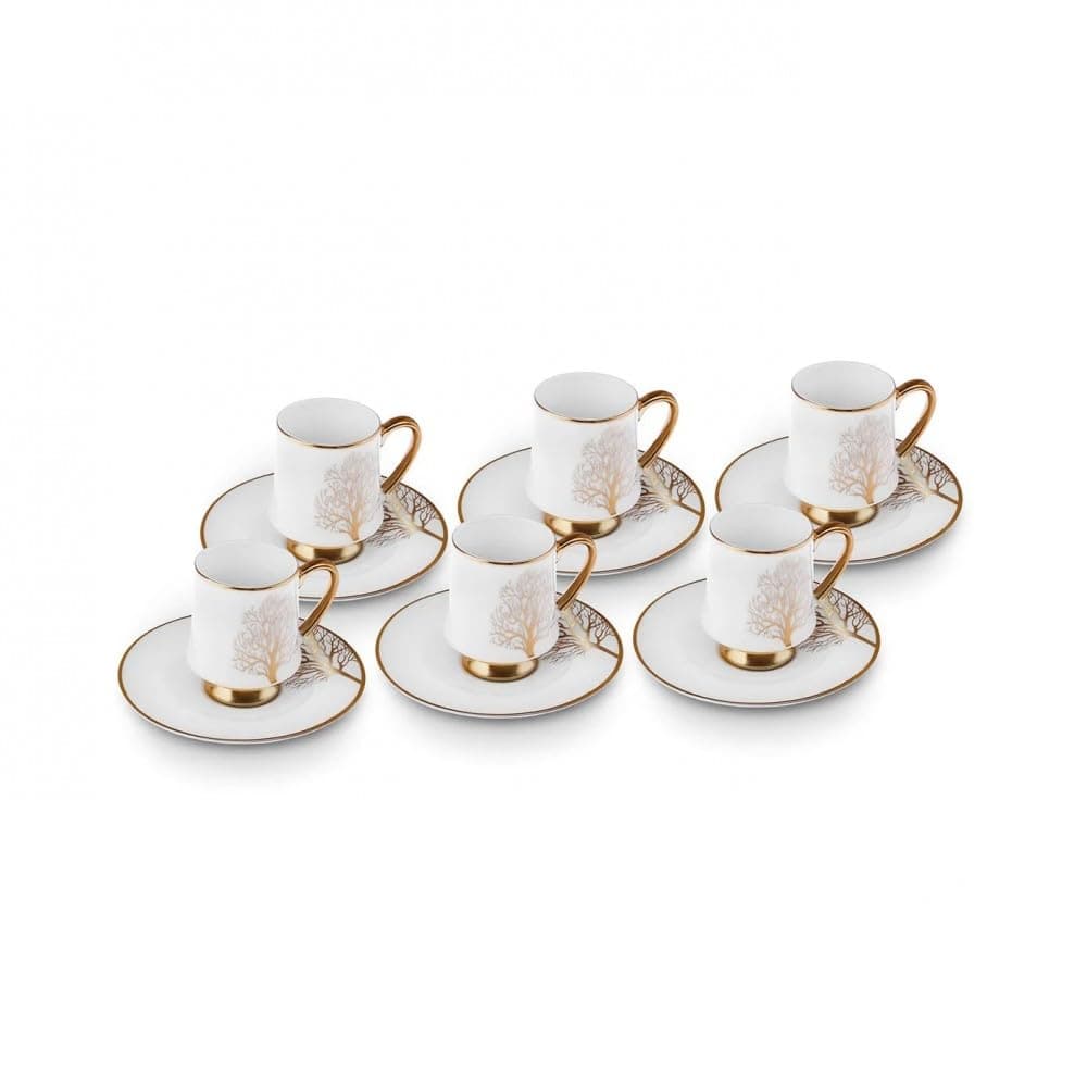 KARACA Afra 12 Piece Turkish Coffee Cup Set for 6, 90ML Porcelain Demitasse Espresso Cups with Saucers, White & Gold Luxury Small Coffee Cups, Elegant Set for Arabic Greek Coffee, Gift Ready
