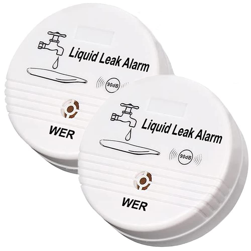 WER Water Leak Alarm Sensor, Battery Operated Leak Alert, 90dB Water Detector for Basements, Bathrooms, Laundry Rooms, Kitchens, Garages and All Office Areas (Shipped Without Battery, 2 Pack)