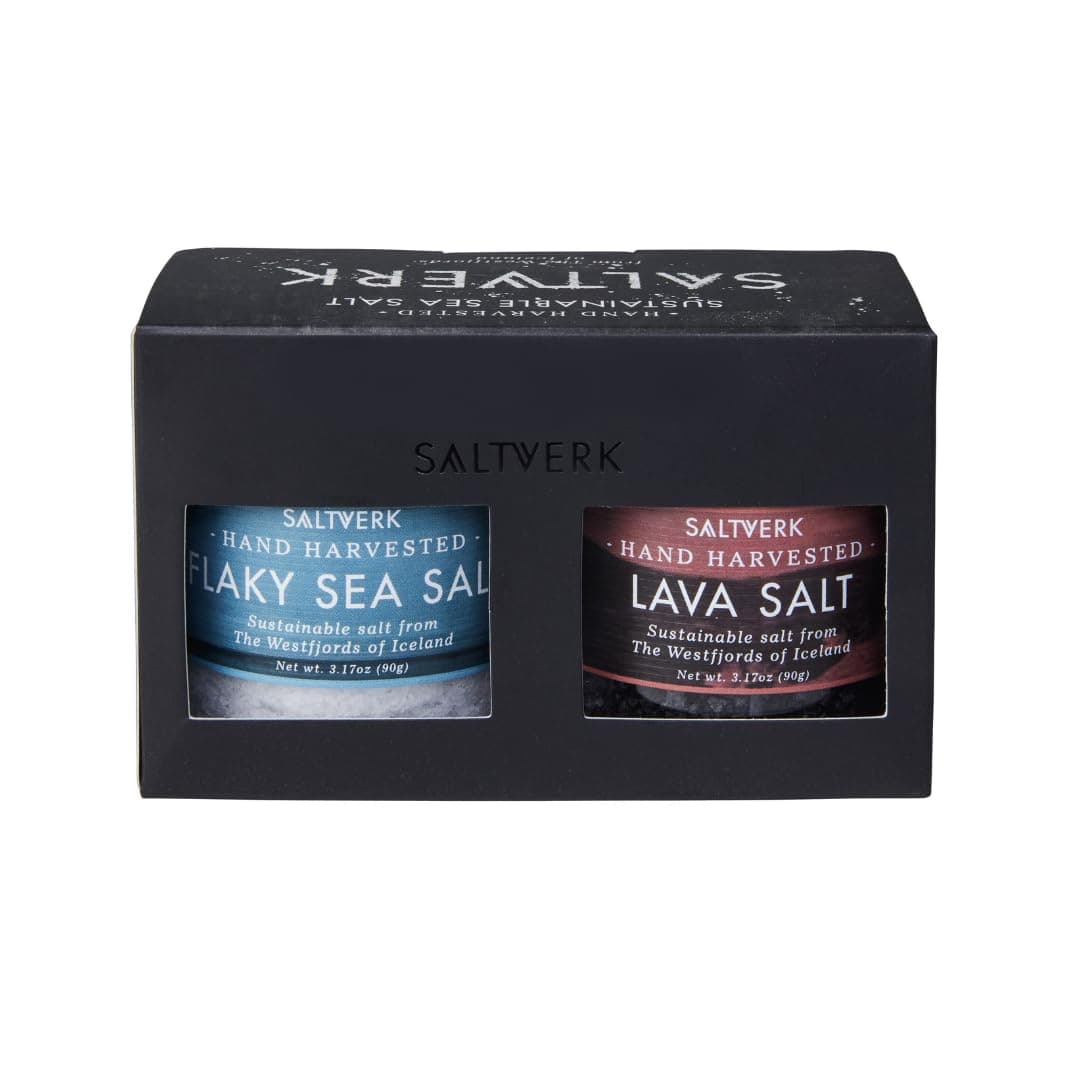 Salt Gift Set- Includes 2 Jars - Flaky and Lava Sea Salts- Gourmet, Icelandic, Hand Harvested and Sustainably Made- 6.34 Oz Total
