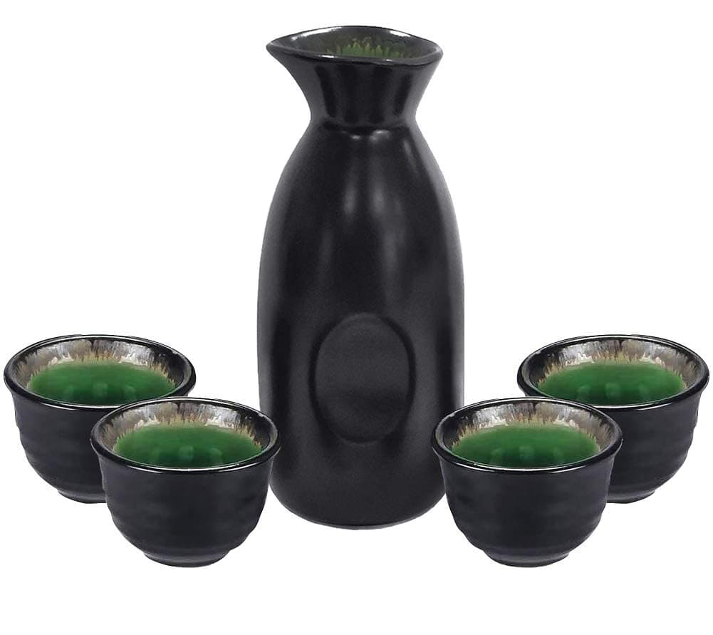 Sake Set Japanese Sake Cup Set Traditional Hand Painted Design Porcelain Pottery Ceramic Cups Crafts Wine Glasses 5 Piece (Black Classic)