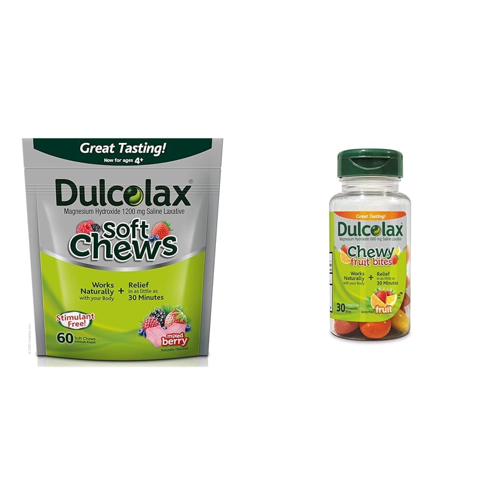 Soft Chews Saline Laxative Mixed Berry (60ct) Gentle Constipation Relief, Magnesium Hydroxide 1200mg & Chewy Fruit Bites, Saline Laxative, Assorted Fruit (30ct) Cramp-Free Constipation Relief