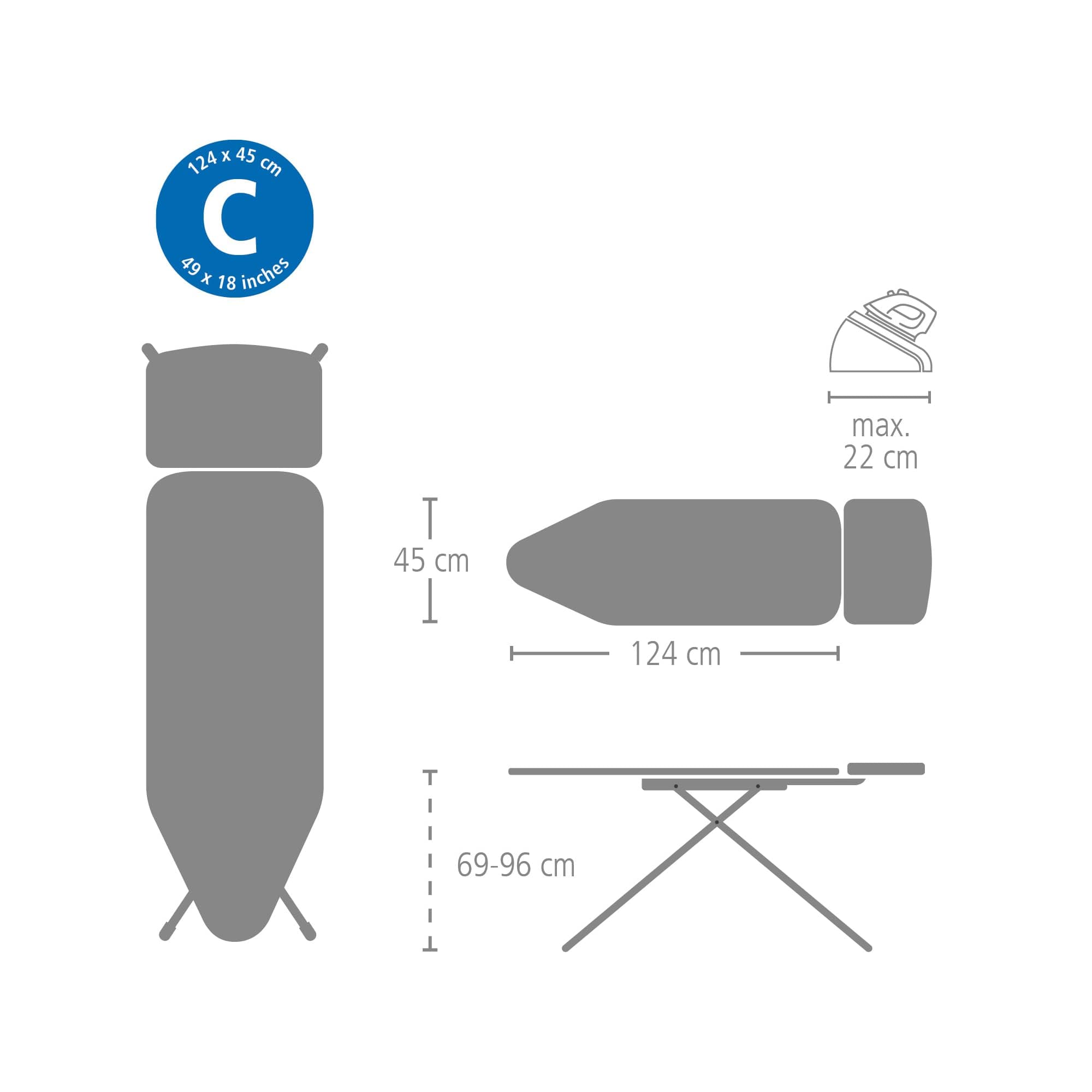 Brabantia - Ironing Board C - Extra Large Steam Iron Rest - Adjustable in Height - Non-Slip Rubber Feet - Cotton Cover with Foam Layer - Foldable XL Unit - Cotton Flower - 124x45 cm