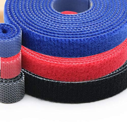 amiciCareTies Reusable Fastening Tape Hook & Loop Wire Organizer 10mm Set of 3,1 m/roll Each Blue, Black, Red Color