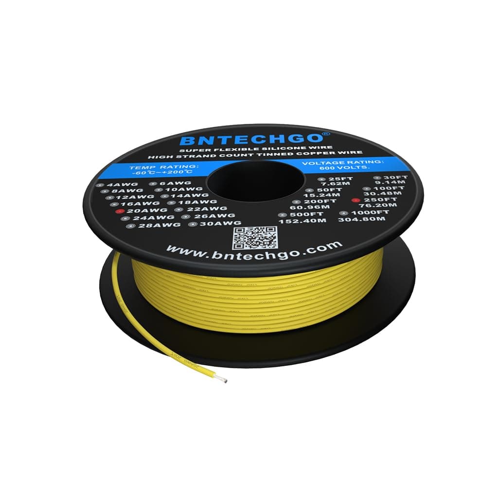 BNTECHGO 20 Gauge Silicone Wire Spool 250 ft Yellow Flexible 20 AWG Stranded Tinned Copper Wire