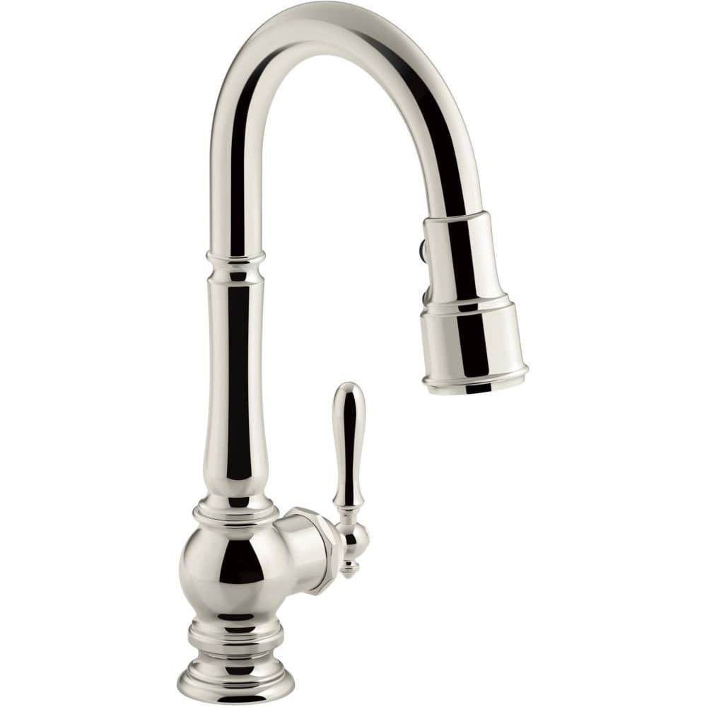 KOHLER K-99261-SN Artifacts Single-Hole Kitchen Sink Faucet with 16-Inch Pull-Down Spout, 3-Function Sprayhead, and Turned Lever Handle, Vibrant Polished Nickel