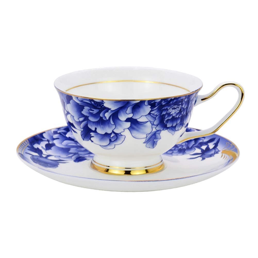 Tea or Coffee Cups-6.8oz Bone China Ceramic Series Beautiful Flowers Tea Cup with Matching Saucers Father's Day Gift (Blue)