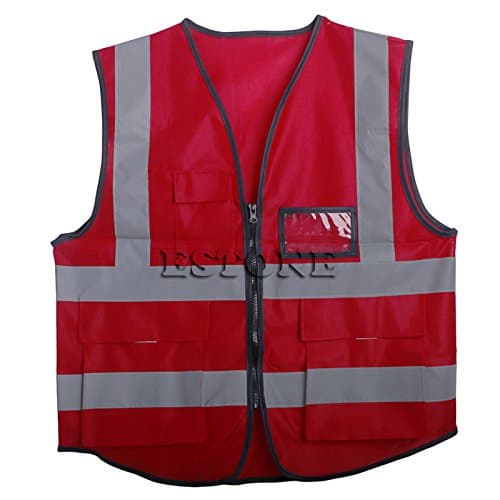 Kope Multicolor High Visibility Safety Vest Reflective Strips Zipper Front Jacket Security Waistcoat 5 Pockets For A Walk Even At Night Stay Safe Cycling Motorcycle Running (Red)
