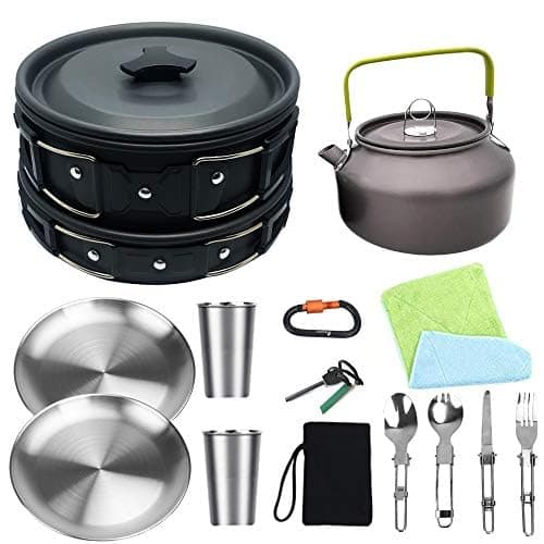 Bisgear Camping Cookware Kettle Mess Kit - Camping Cooking Set Stainless Steel 18/8 Plates Cups with Lids &Sleeves Cutlery - Camping Pots and Pans Set - Backpacking Gear Camp Accessories Equipment