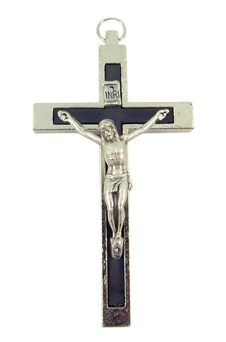 Silver Toned Catholic Cross Crucifix with Black Inlay, 2 3/4 Inch, 4L" x 2W", Metal
