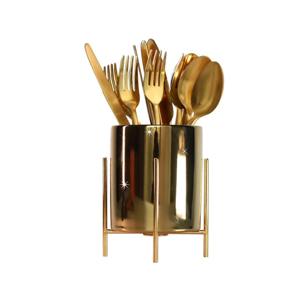 Ceramic Cutlery Holder, Spoon Holder with Metal Frame, Gold Kitchen Utensil Holder, Suitable for Home, Kitchen Countertop, Party, Dinner and Restaurant
