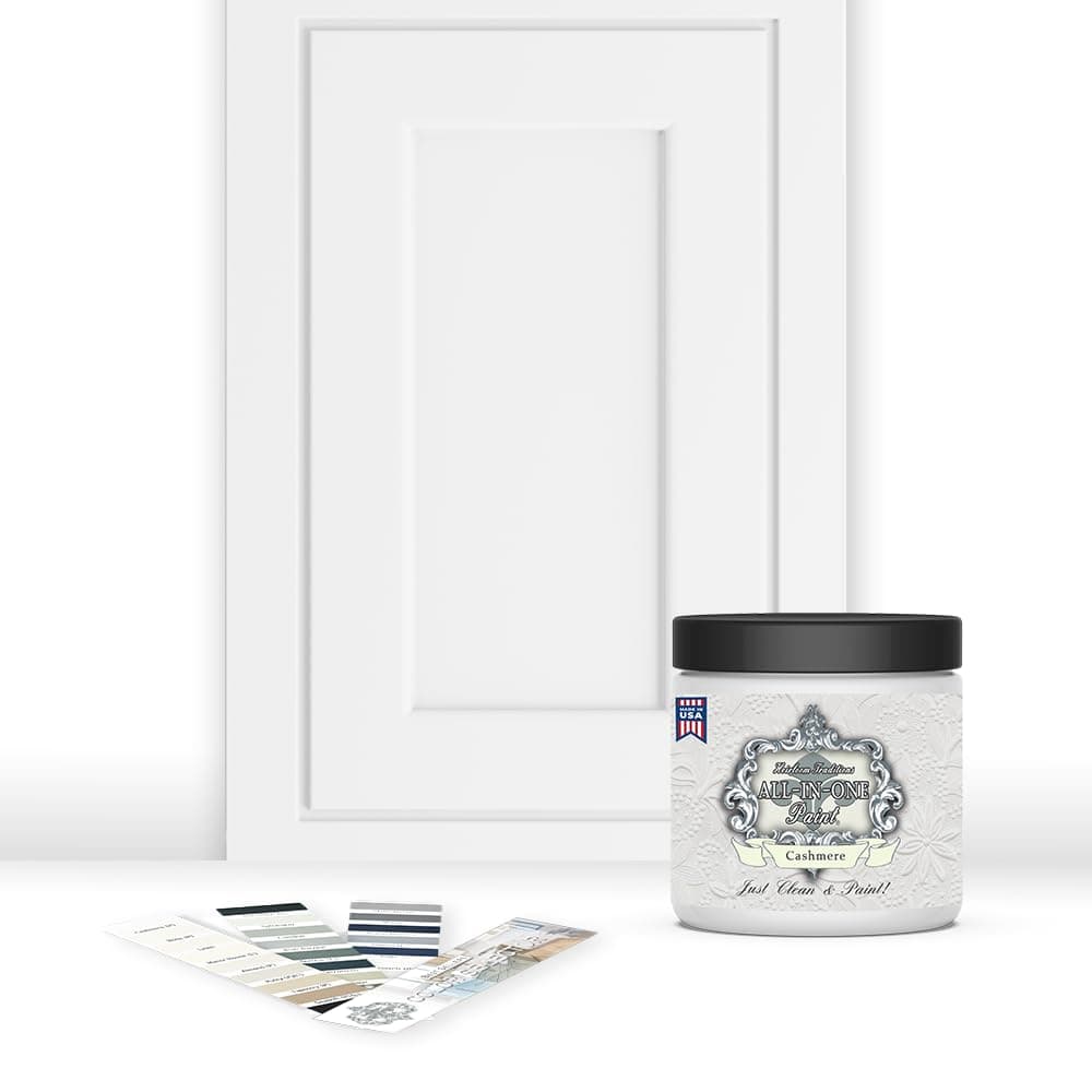 ALL-IN-ONE Paint, Cashmere (True White), 8 Fl Oz Sample. Plus our top 30 color selector card. Durable cabinet and furniture paint. Built in primer and top coat, no sanding needed.