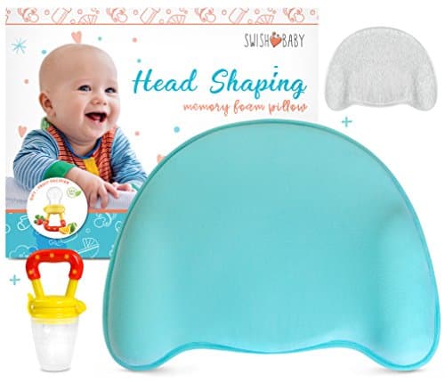 Swish Baby Flat Head Pillow for Sleeping - Head Shaping Memory Foam Pillow for Newborn w/ 2 Breathable Cotton Pillowcases (Blue)