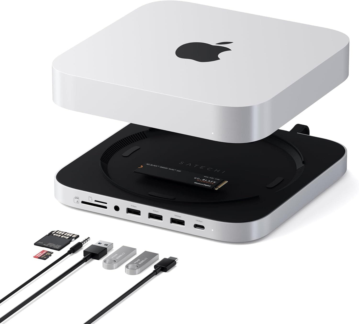 Mac Mini Hub & Stand with SSD Enclosure (𝗗𝗼𝗲𝘀 𝗻𝗼𝘁 𝘀𝘂𝗽𝗽𝗼𝗿𝘁 𝗠𝗶𝗻𝗶 𝗠𝟰) for NVME/SATA M.2, Dock with USB-C 10Gbps for Mac Studio M1 - M4, Mac Mini M2/M1 – Silver