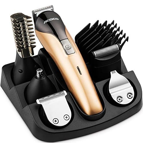 ACOCO All in One Multifunctional Rechargeable Beard Trimmer Grooming Kit Hair Clippers with 16 Attachments for Men, Kids, Skin-Friendly Blads,Fast Charging Long Lasting (gold)