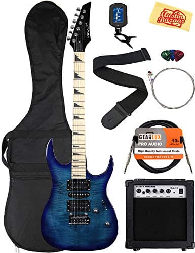 Vault Electric Guitar Bundle with Amplifier, Gig Bag, Instrument Cable, Strap, Tuner, Strings, Picks, and Austin Bazaar Polishing Cloth - Transparent Blue