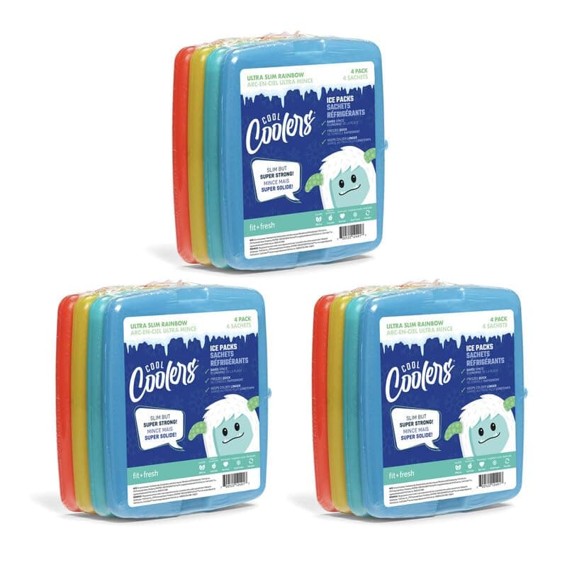 Cool Coolers By Fit & Fresh 4 Pack Slim Ice Packs, Quick Freeze Space Saving Reusable Ice Packs for Lunch Boxes or Coolers, Multi Colored, 3 Packs of 4