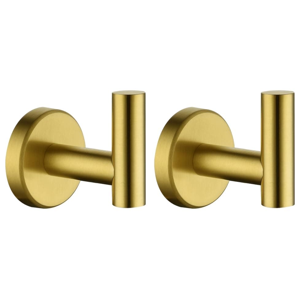 JQK Gold Bathroom Towel Hook, Coat Robe Clothes Hook for Bathroom Kitchen Garage Wall Mounted (Pack of 2), SUS 304 Stainless Steel Brushed Gold, TH100-BG-P2