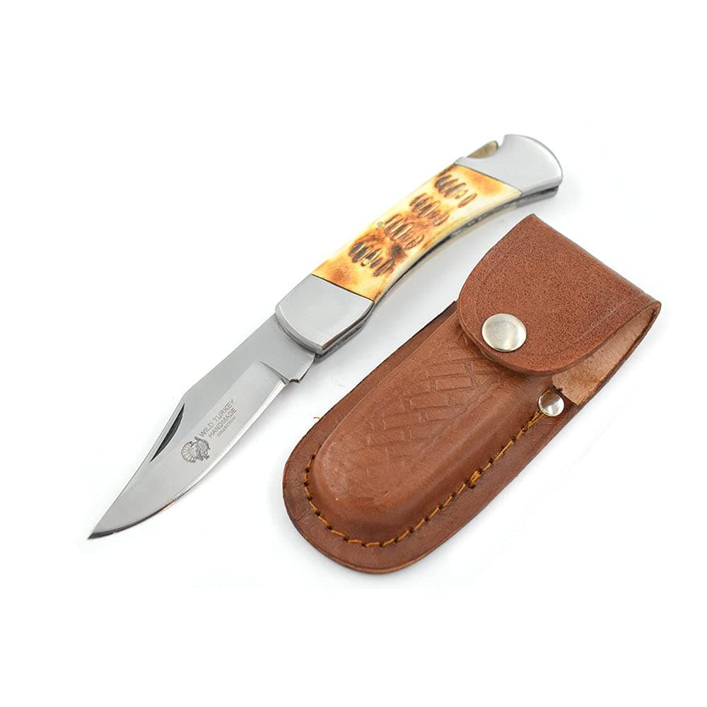 Wild Turkey Handmade Collection Everyday Carry Lock Back Manual Folding Knife w/Leather Sheath - Smooth One Hand Red Color Bone Handle Pocket Knife (Burn Bone)