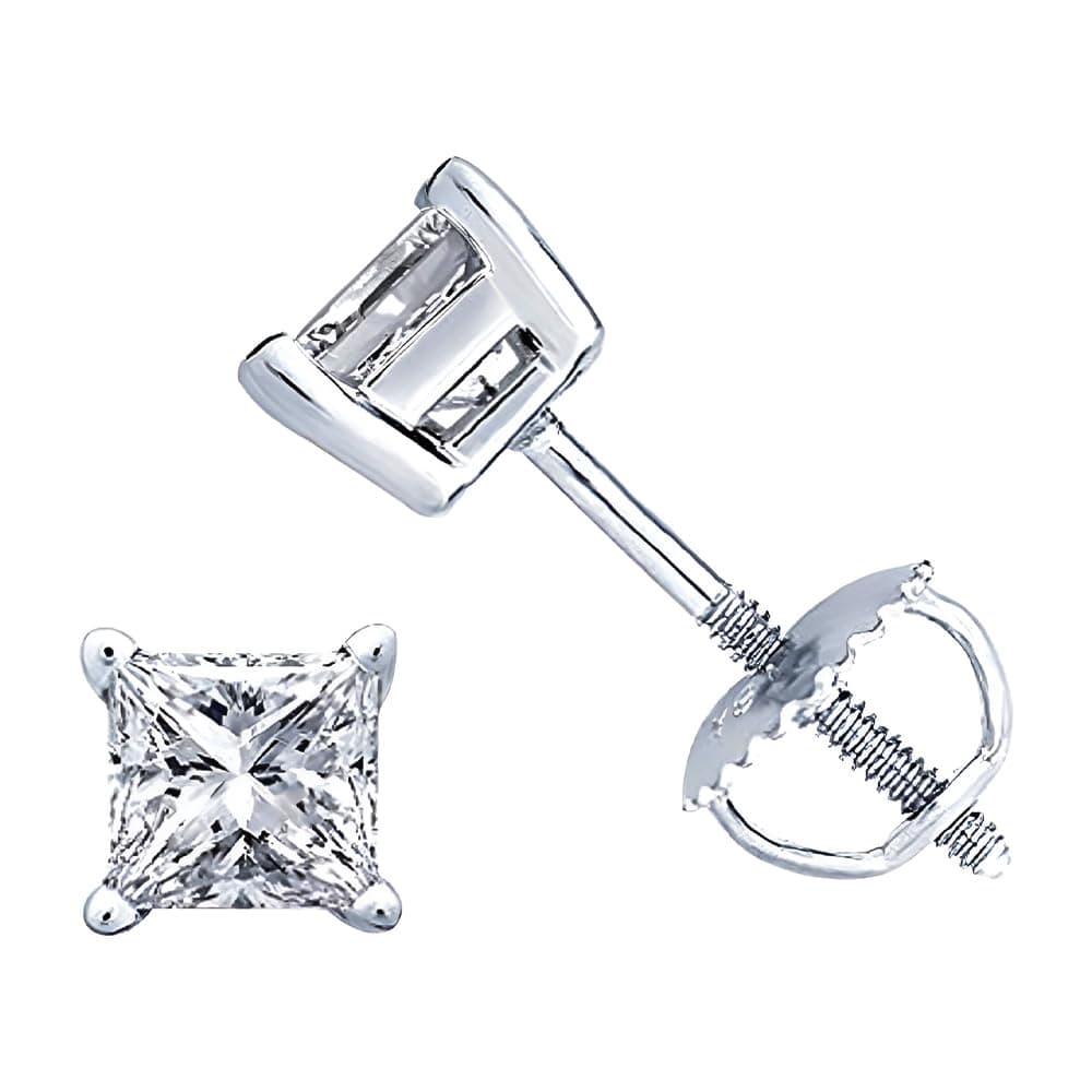 Princess cut Diamond Stud (IGI Certified (0.70ct & up) ScrewBack 14K from (0.04ct - 2.00ct, Clarity-I2)